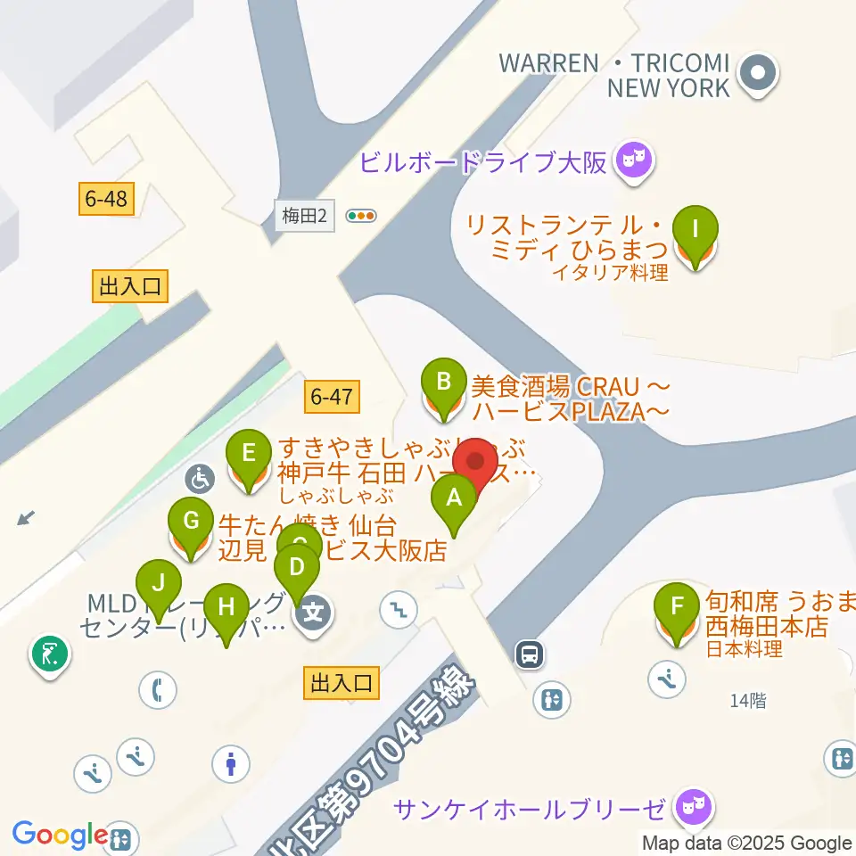 ウメダFM Be Happy!789周辺のファミレス・ファーストフード一覧地図