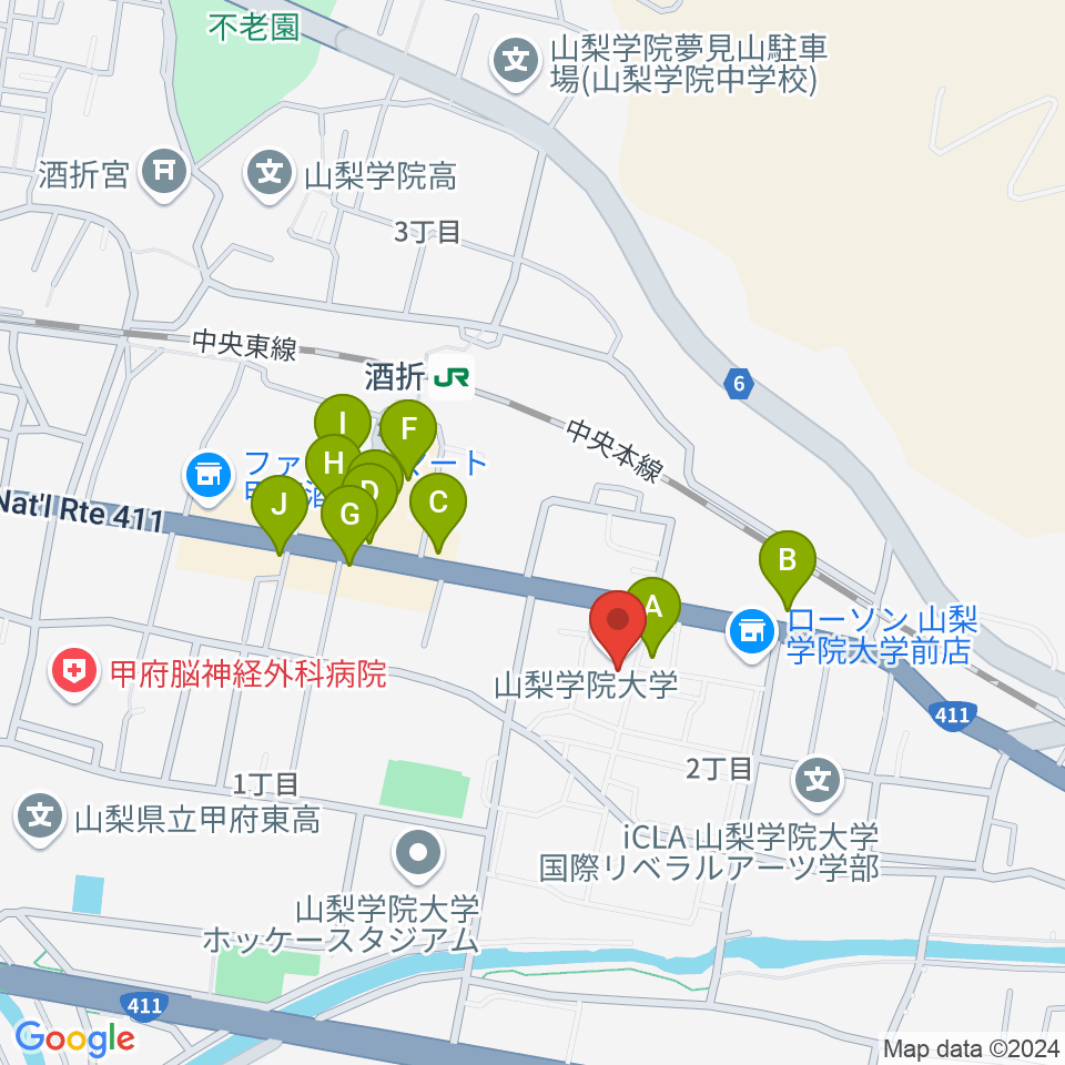 エフエム甲府周辺のファミレス・ファーストフード一覧地図