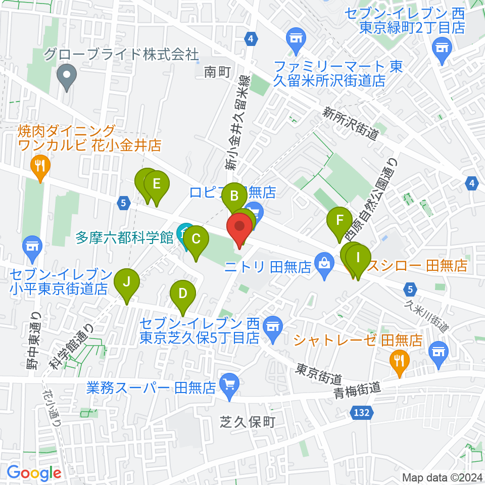 エフエム西東京周辺のファミレス・ファーストフード一覧地図