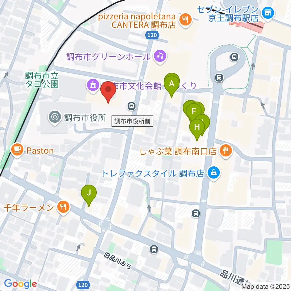 調布市文化会館たづくり周辺のファミレス・ファーストフード一覧地図