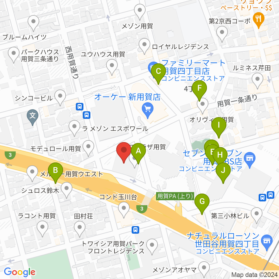 エフエム世田谷周辺のファミレス・ファーストフード一覧地図