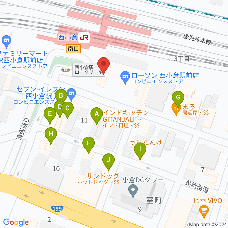 小倉 LIVE SPOT WOW！周辺のファミレス・ファーストフード一覧地図