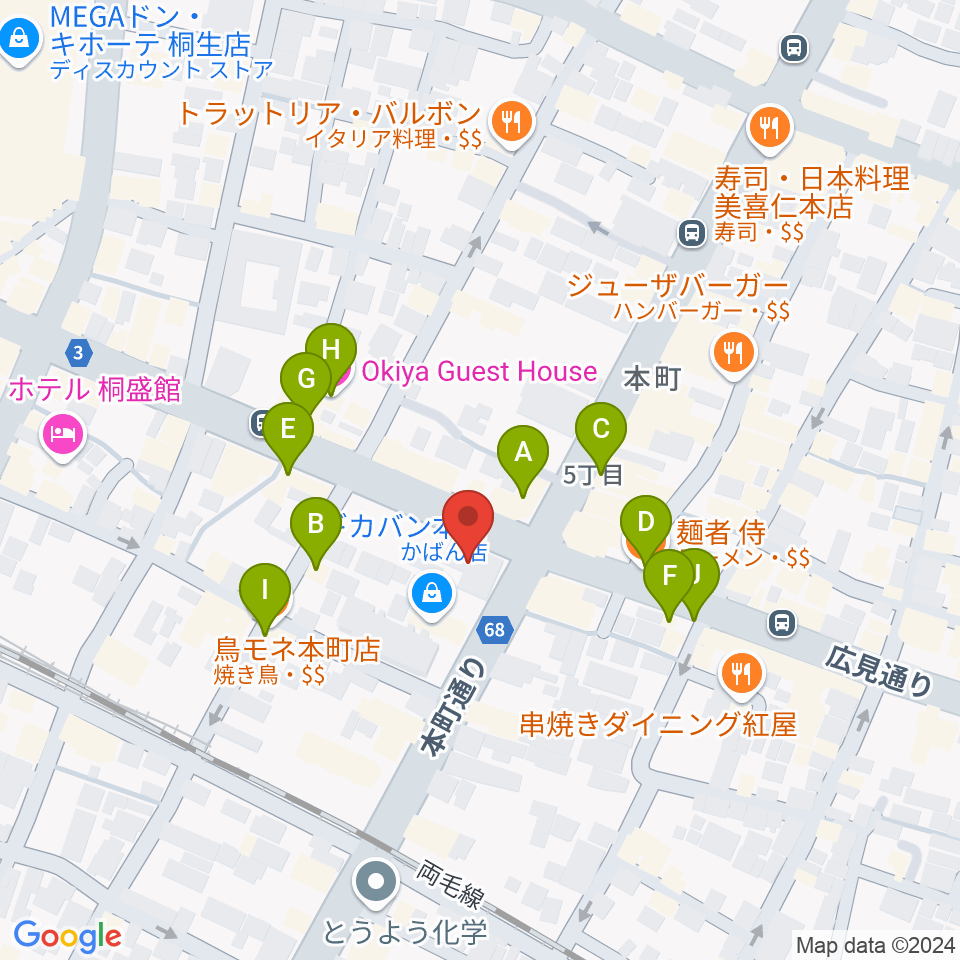 FM桐生周辺のファミレス・ファーストフード一覧地図