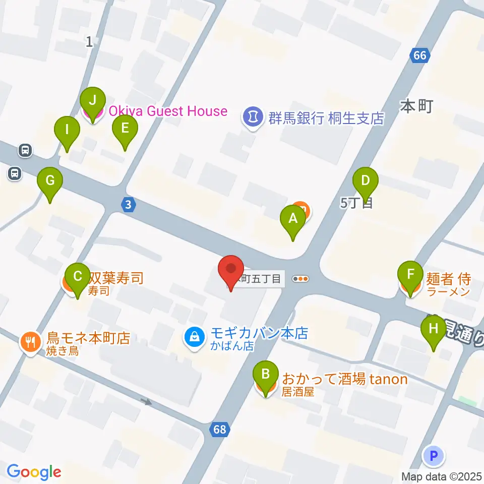 FM桐生周辺のファミレス・ファーストフード一覧地図