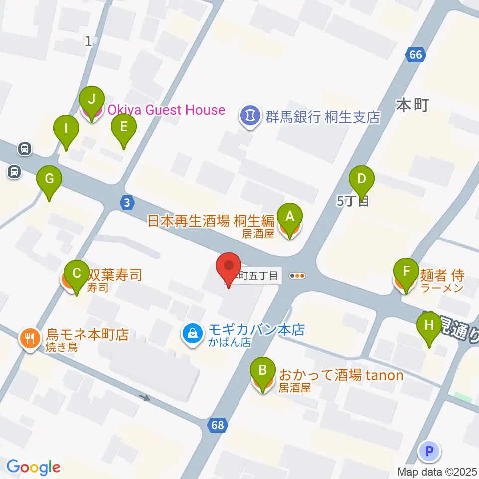 FM桐生周辺のファミレス・ファーストフード一覧地図