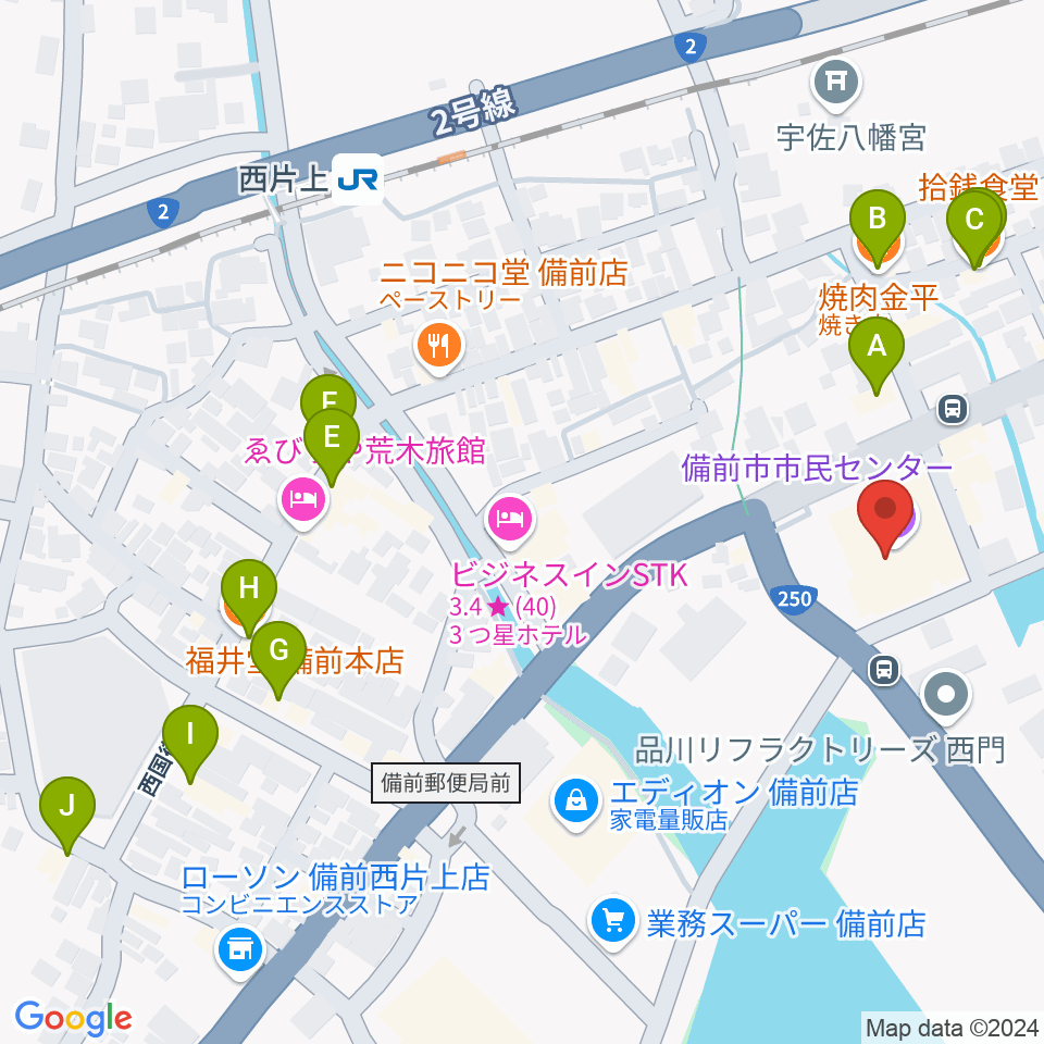 備前市市民センター周辺のファミレス・ファーストフード一覧地図