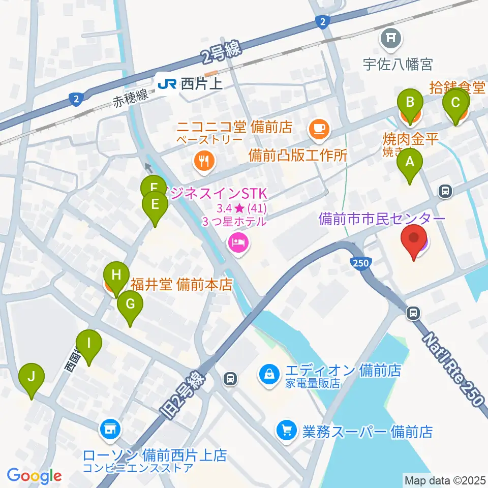 備前市市民センター周辺のファミレス・ファーストフード一覧地図