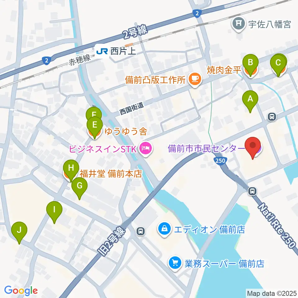 備前市市民センター周辺のファミレス・ファーストフード一覧地図