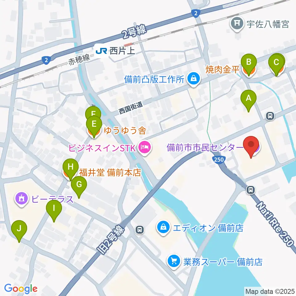 備前市市民センター周辺のファミレス・ファーストフード一覧地図