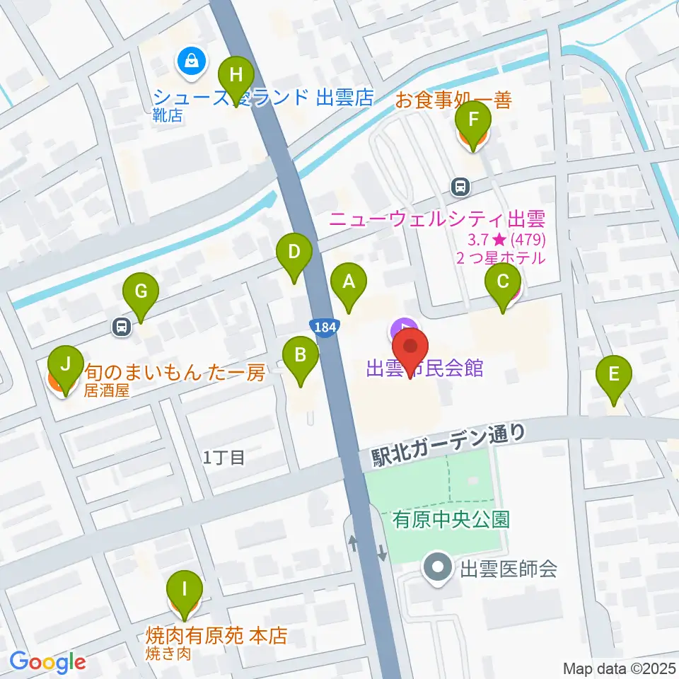 出雲市民会館周辺のファミレス・ファーストフード一覧地図