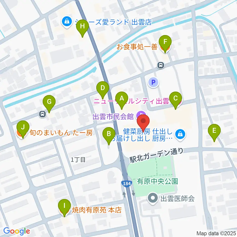 出雲市民会館周辺のファミレス・ファーストフード一覧地図