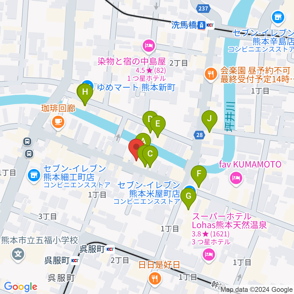 ピュアリィ西館レンタルスペース周辺のファミレス・ファーストフード一覧地図