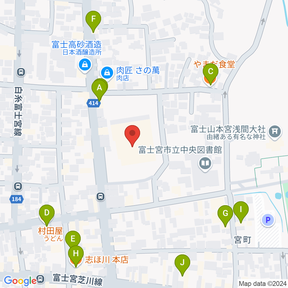 富士宮市民文化会館周辺のファミレス・ファーストフード一覧地図