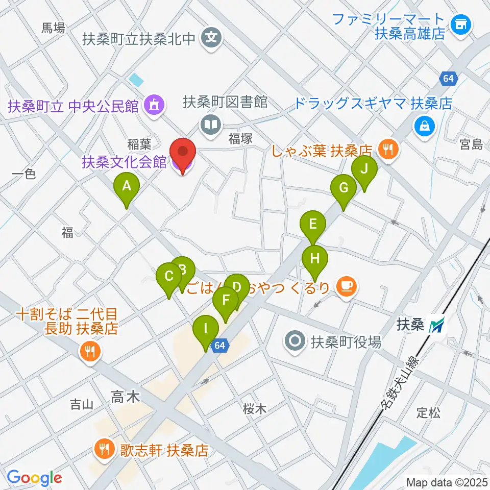 扶桑文化会館リハーサル室・ホール周辺のファミレス・ファーストフード一覧地図