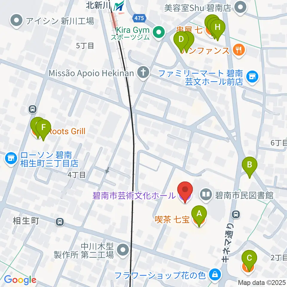 碧南市芸術文化ホール周辺のファミレス・ファーストフード一覧地図