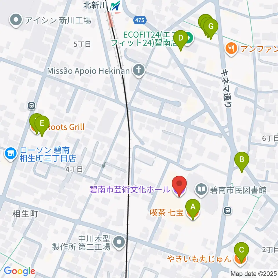 碧南市芸術文化ホール周辺のファミレス・ファーストフード一覧地図