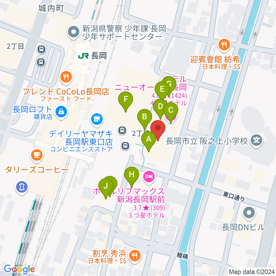 ホテルニューオータニ長岡NCホール周辺のファミレス・ファーストフード一覧地図