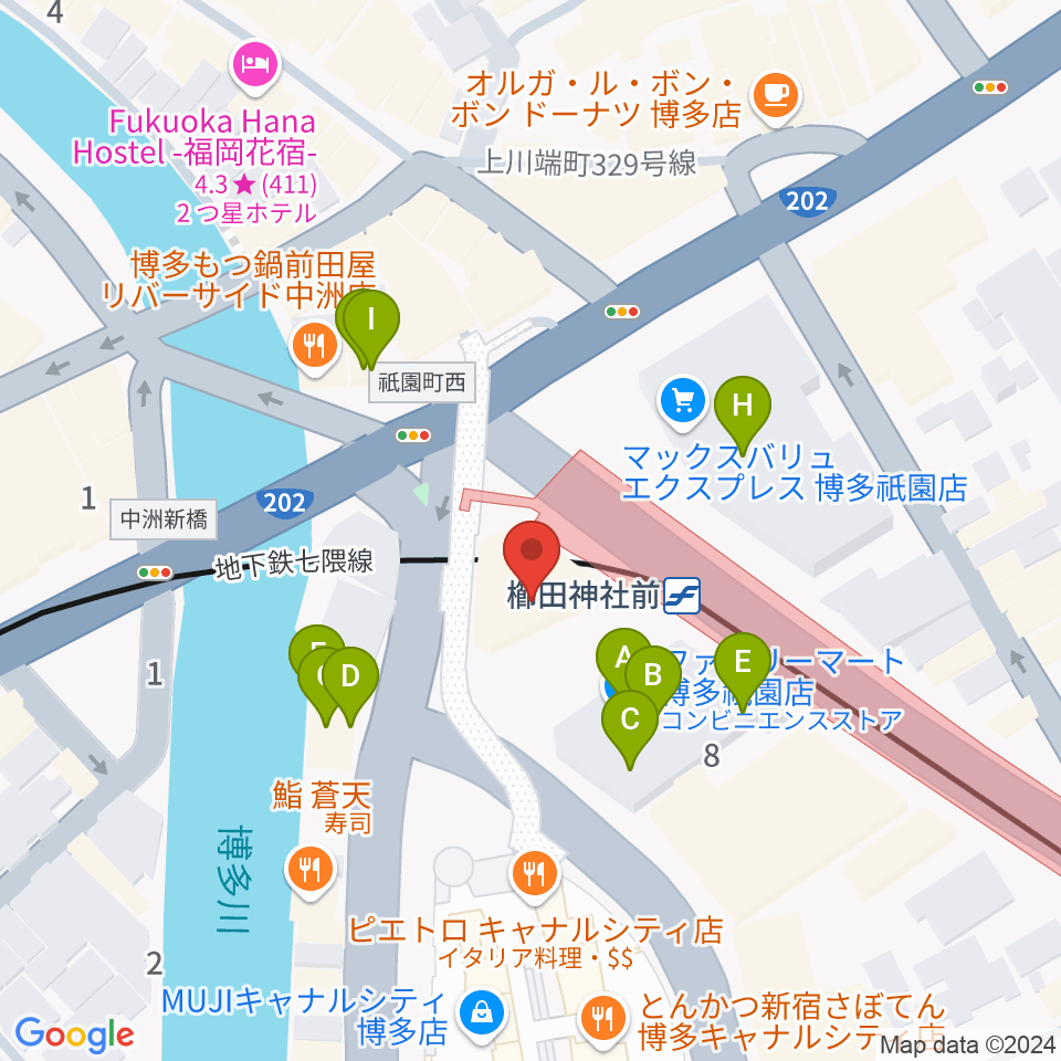 ぽんプラザホール周辺のファミレス・ファーストフード一覧地図