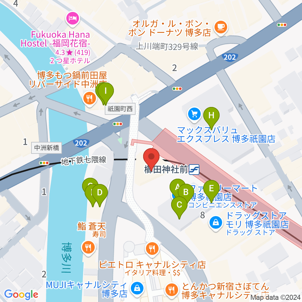 ぽんプラザホール周辺のファミレス・ファーストフード一覧地図