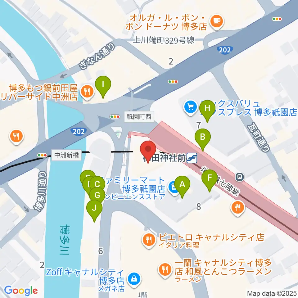 ぽんプラザホール周辺のファミレス・ファーストフード一覧地図