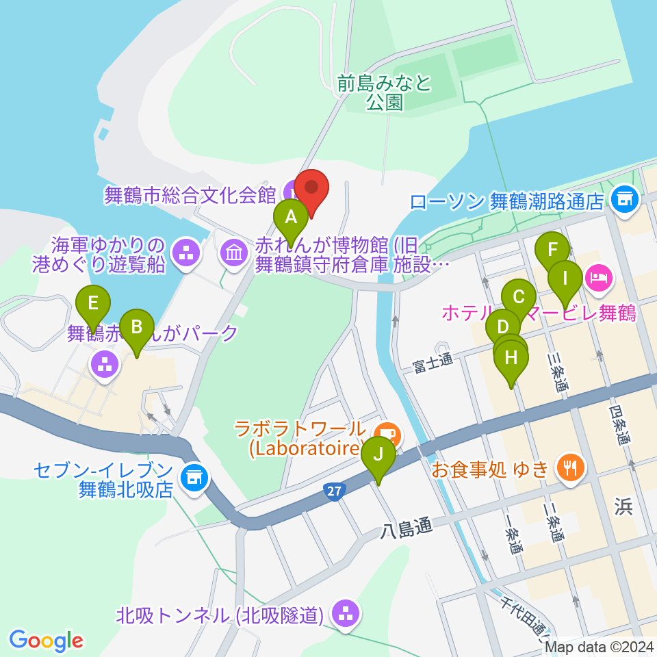 舞鶴市総合文化会館周辺のファミレス・ファーストフード一覧地図