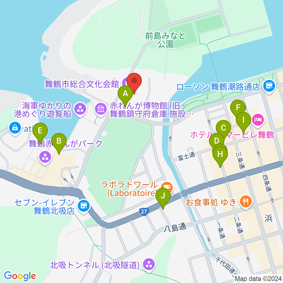 舞鶴市総合文化会館周辺のファミレス・ファーストフード一覧地図