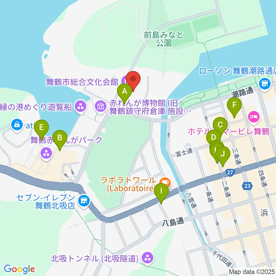 舞鶴市総合文化会館周辺のファミレス・ファーストフード一覧地図