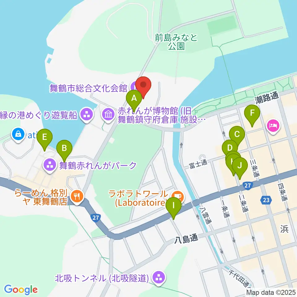舞鶴市総合文化会館周辺のファミレス・ファーストフード一覧地図