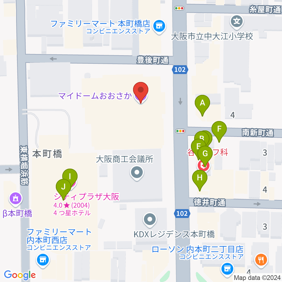 マイドームおおさか周辺のファミレス・ファーストフード一覧地図