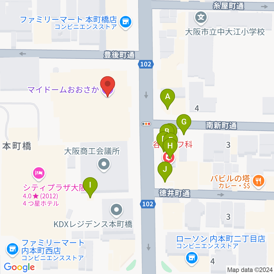 マイドームおおさか周辺のファミレス・ファーストフード一覧地図