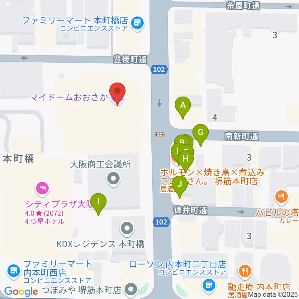 マイドームおおさか周辺のファミレス・ファーストフード一覧地図