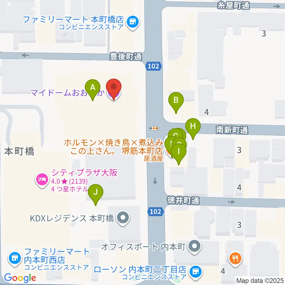 マイドームおおさか周辺のファミレス・ファーストフード一覧地図