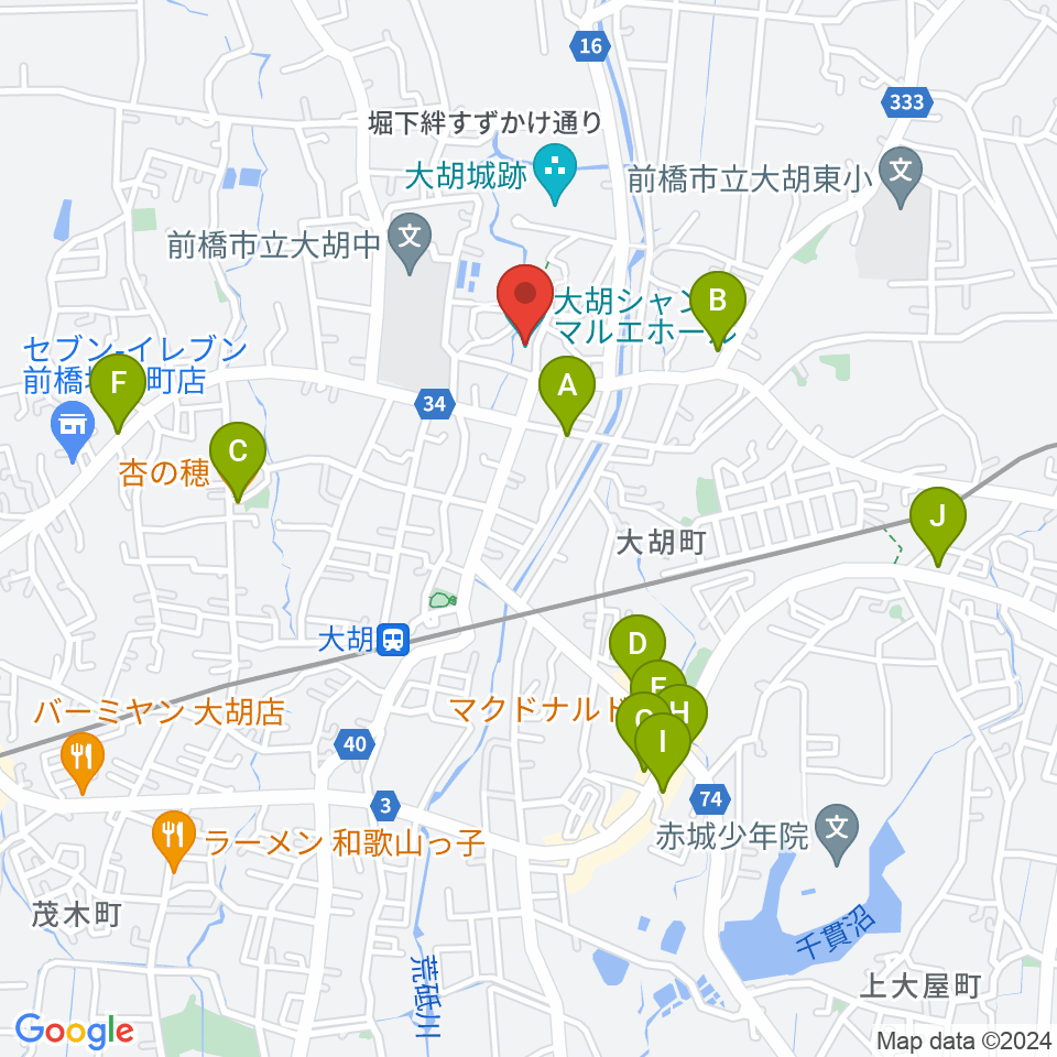 大胡シャンテ マルエホール周辺のファミレス・ファーストフード一覧地図