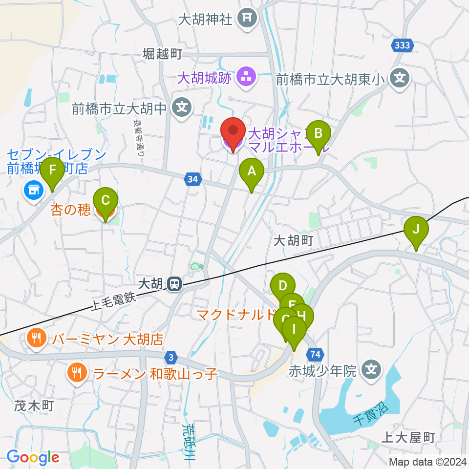 大胡シャンテ マルエホール周辺のファミレス・ファーストフード一覧地図