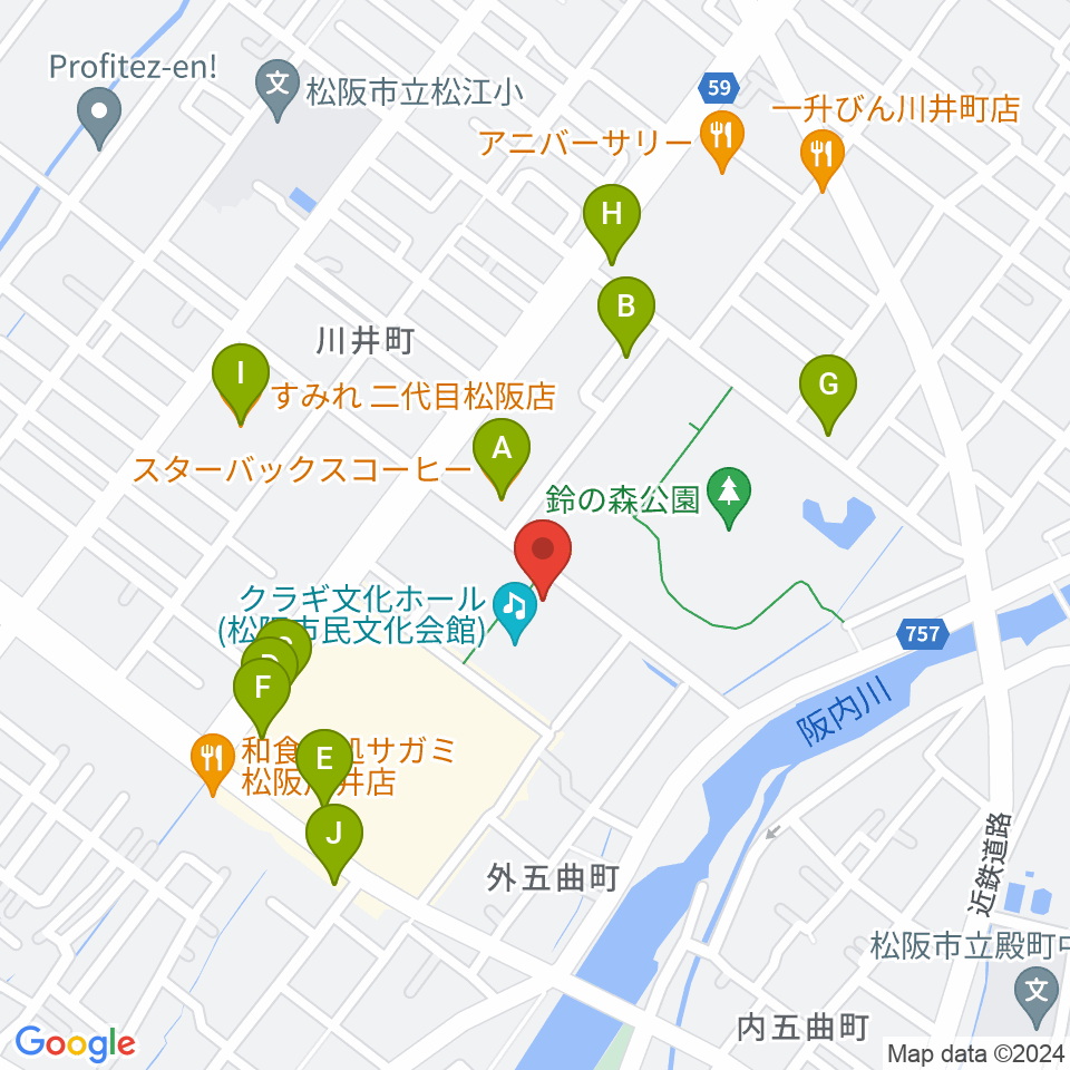 クラギ文化ホール周辺のファミレス・ファーストフード一覧地図