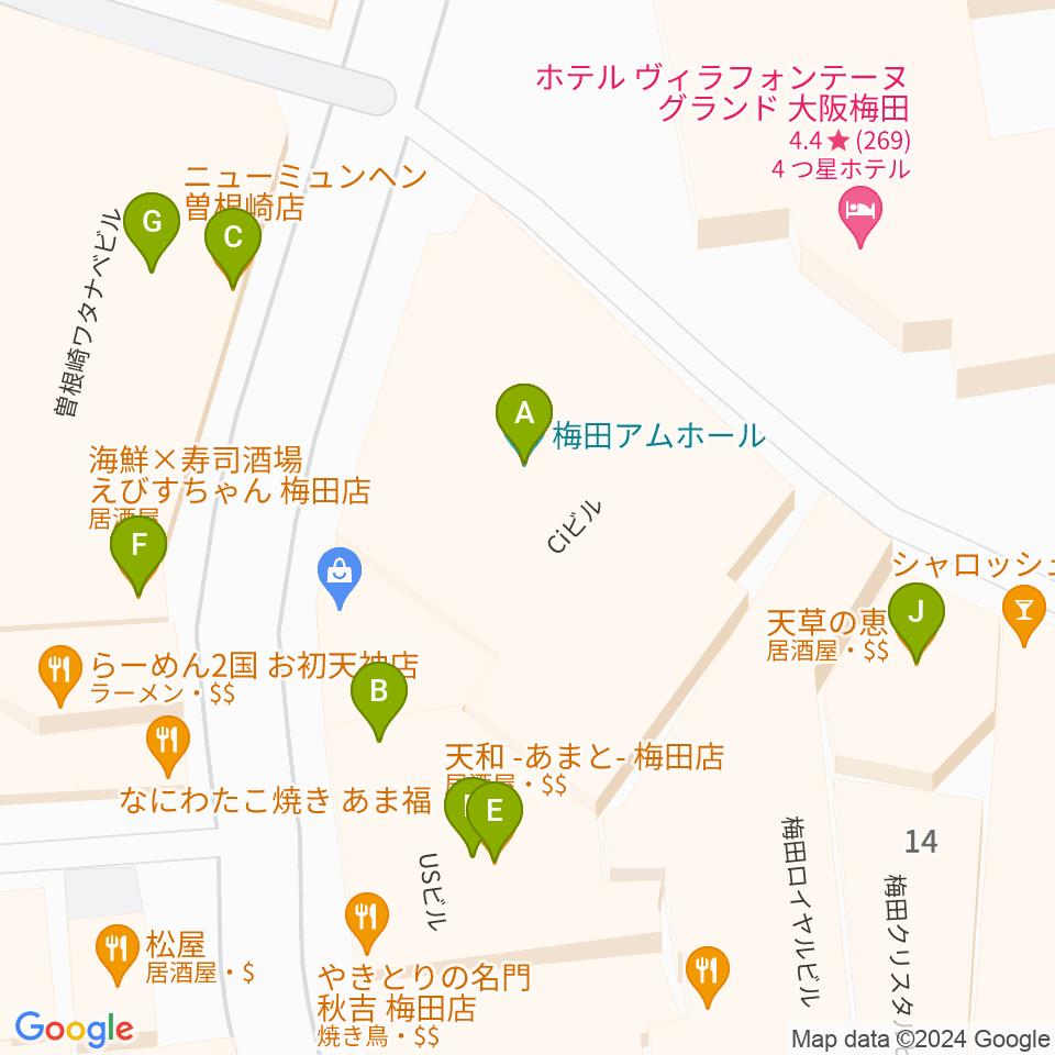 梅田アムホール周辺のファミレス・ファーストフード一覧地図