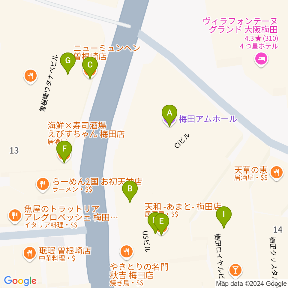 梅田アムホール周辺のファミレス・ファーストフード一覧地図