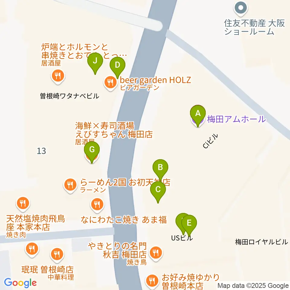 梅田アムホール周辺のファミレス・ファーストフード一覧地図