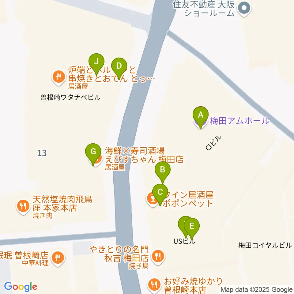 梅田アムホール周辺のファミレス・ファーストフード一覧地図