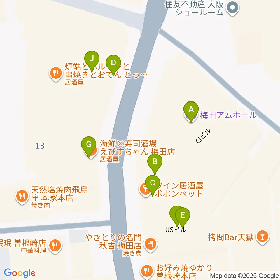 梅田アムホール周辺のファミレス・ファーストフード一覧地図