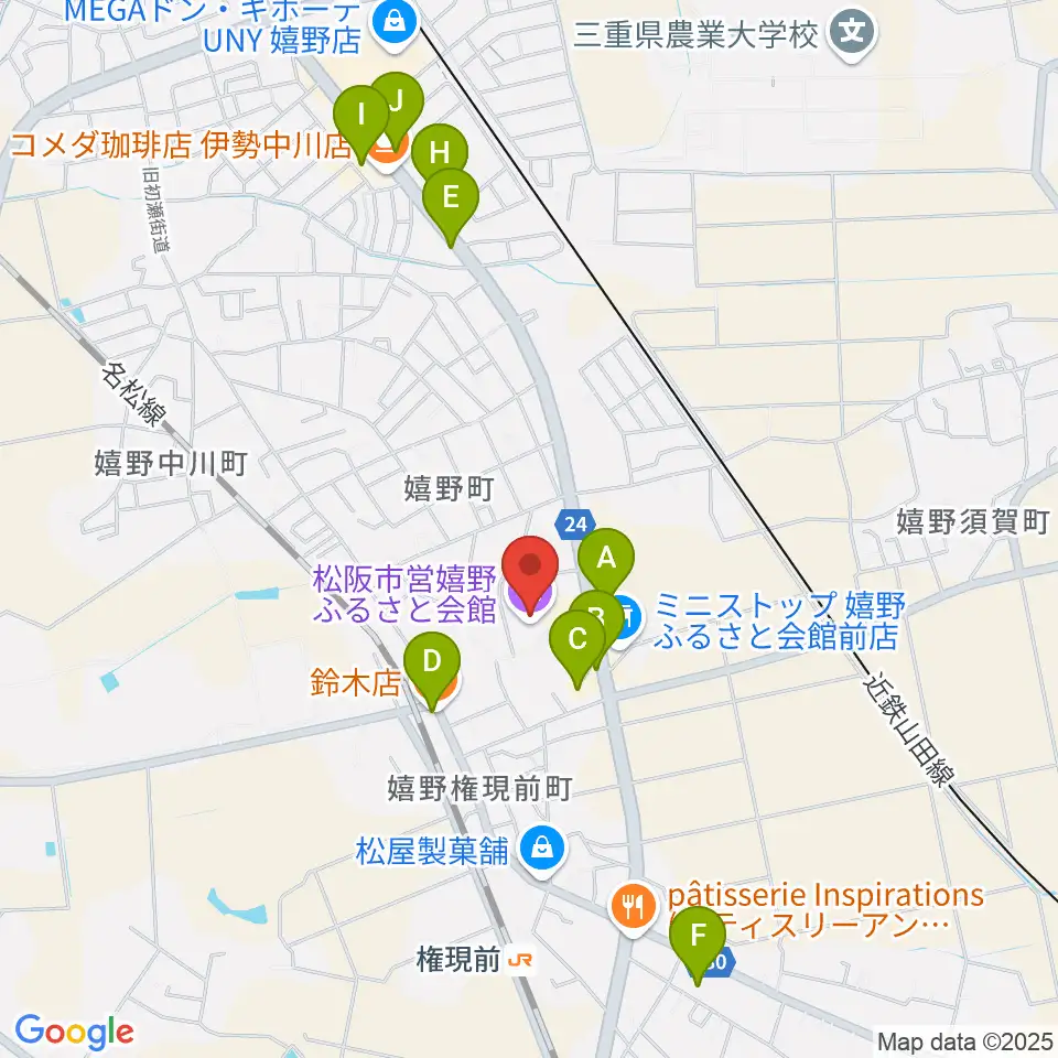 嬉野ふるさと会館周辺のファミレス・ファーストフード一覧地図