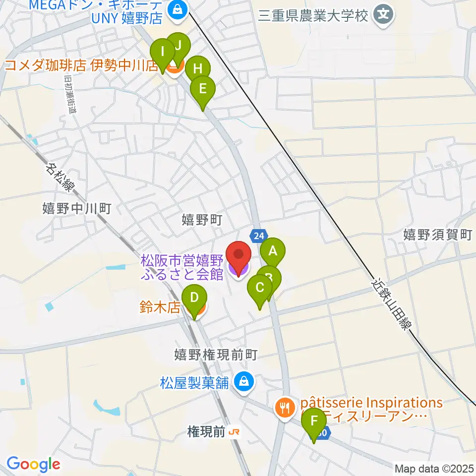 嬉野ふるさと会館周辺のファミレス・ファーストフード一覧地図
