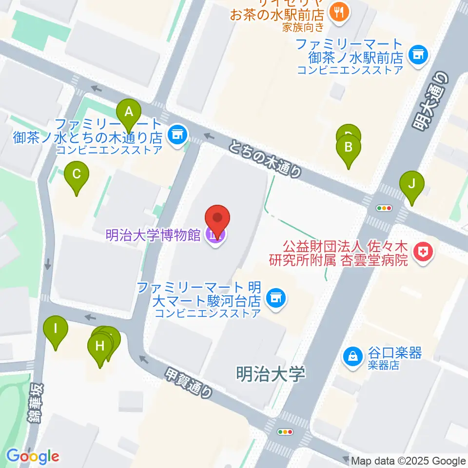 明治大学アカデミーホール周辺のファミレス・ファーストフード一覧地図