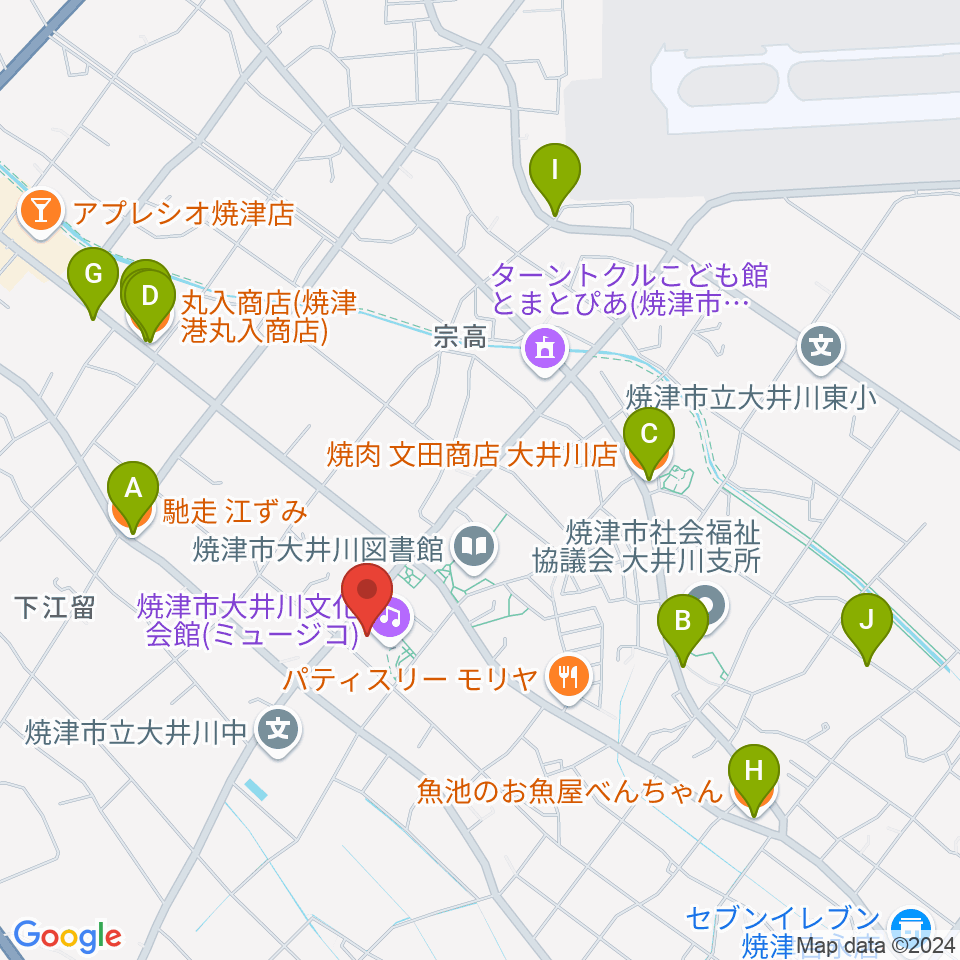 大井川文化会館ミュージコ周辺のファミレス・ファーストフード一覧地図