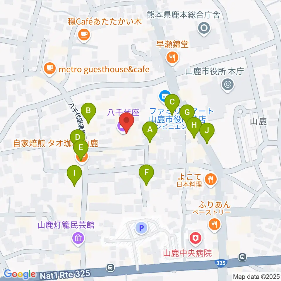 八千代座周辺のファミレス・ファーストフード一覧地図