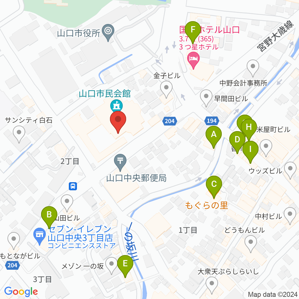 山口市民会館周辺のファミレス・ファーストフード一覧地図