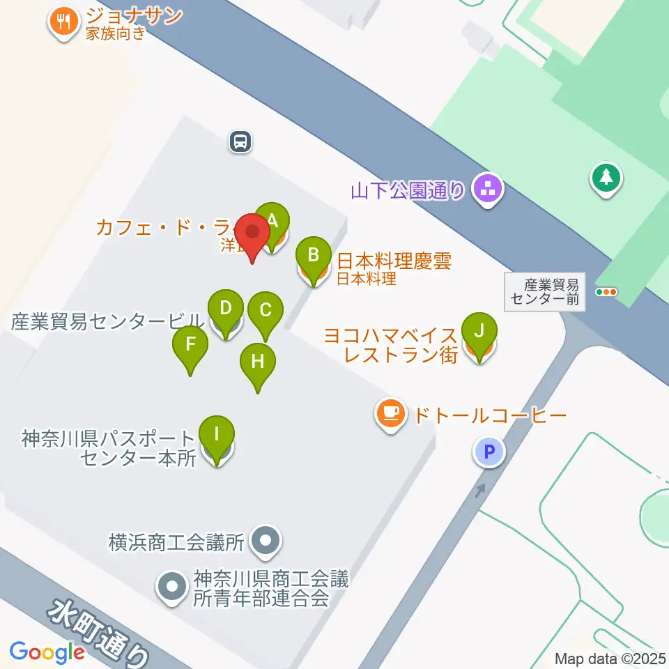 横浜産貿ホール マリネリア周辺のファミレス・ファーストフード一覧地図