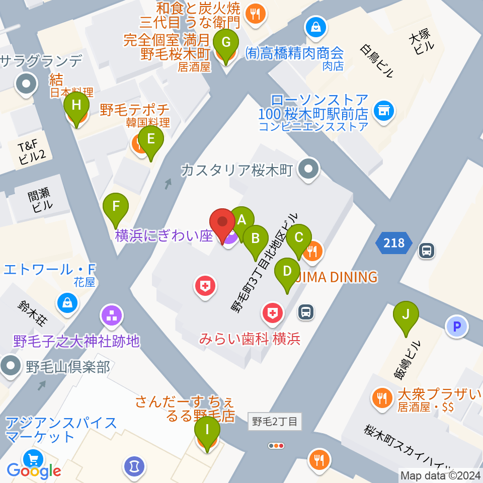 横浜にぎわい座周辺のファミレス・ファーストフード一覧地図