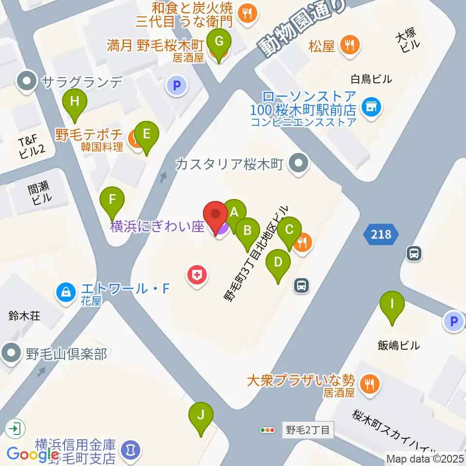 横浜にぎわい座周辺のファミレス・ファーストフード一覧地図