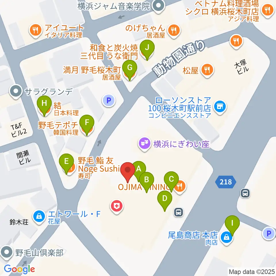 横浜にぎわい座周辺のファミレス・ファーストフード一覧地図